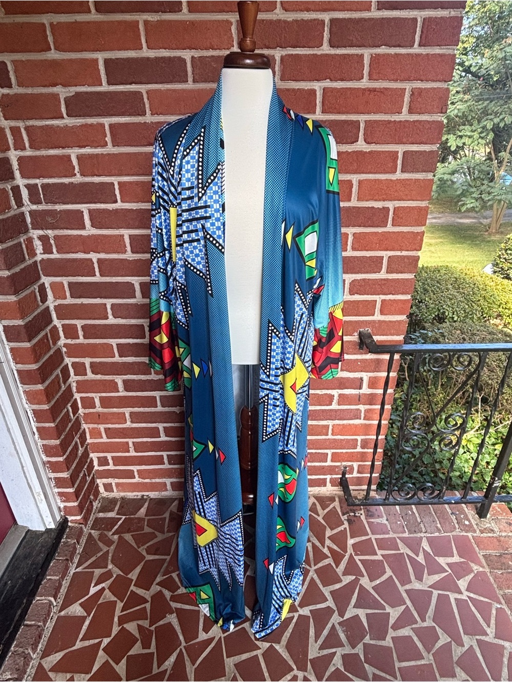 Blue Printed Long Open-Front Women's Duster Coat